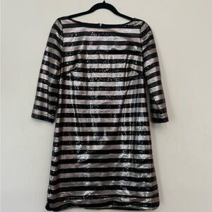 Vince Camuto Black and Silver Striped Mini Dress